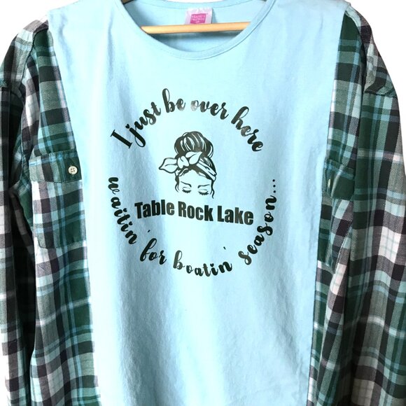 Table Rock Lake Oversized Graphic Tshirt, M-L: Boating Theme Flannel Tee Upcycle - Picture 1 of 9